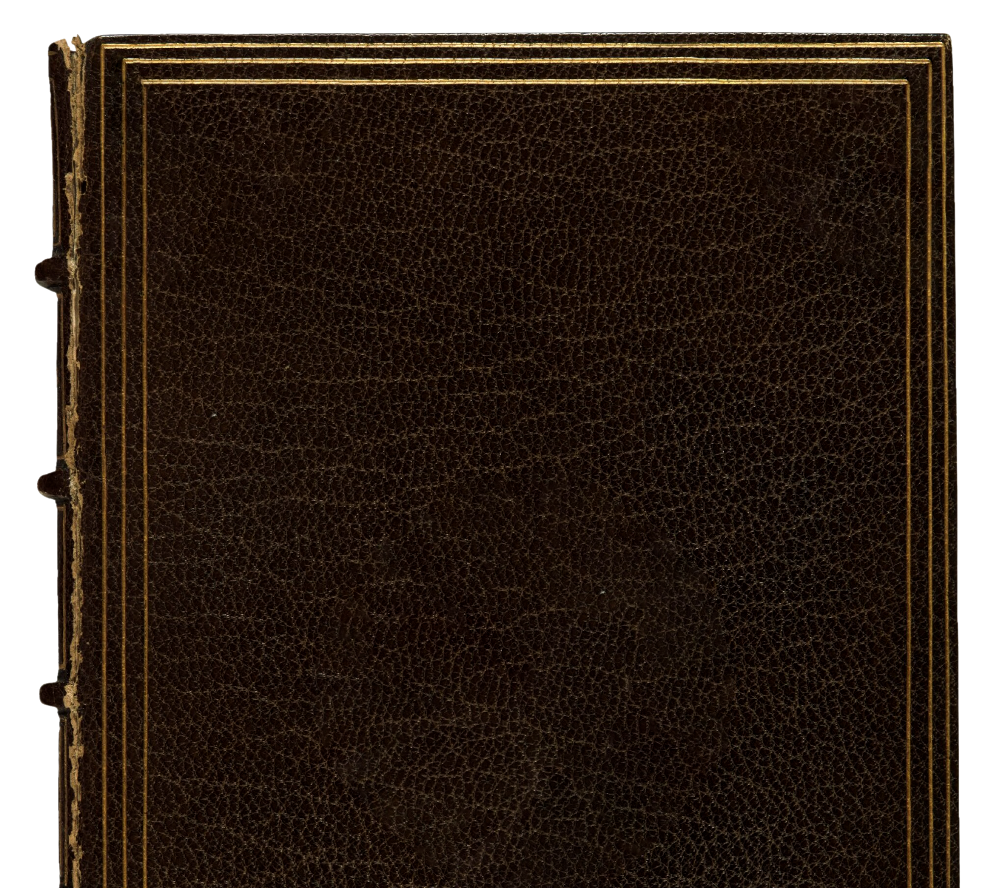Brown leather book with gold border details along the edges.